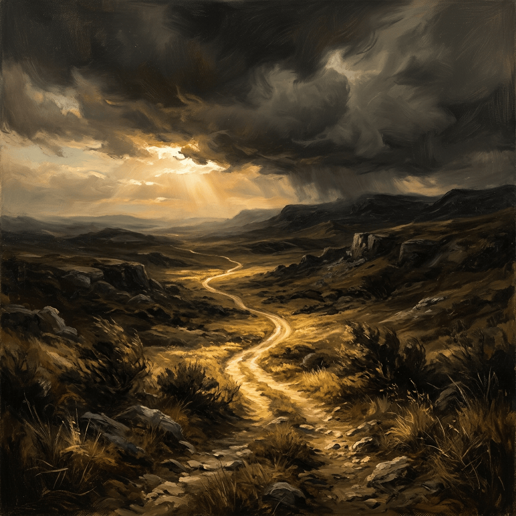 Winding trail through a rugged valley beneath dark storm clouds